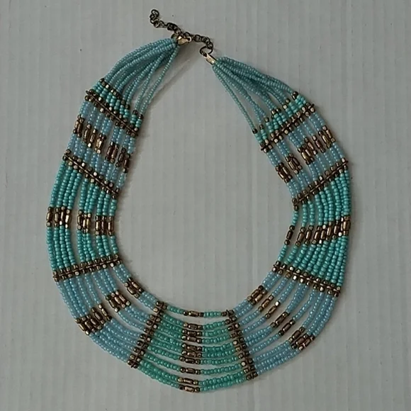 Nine Strand Beaded Necklace Blue/Green/Bronze with 2' Extension - Picture 2 of 7
